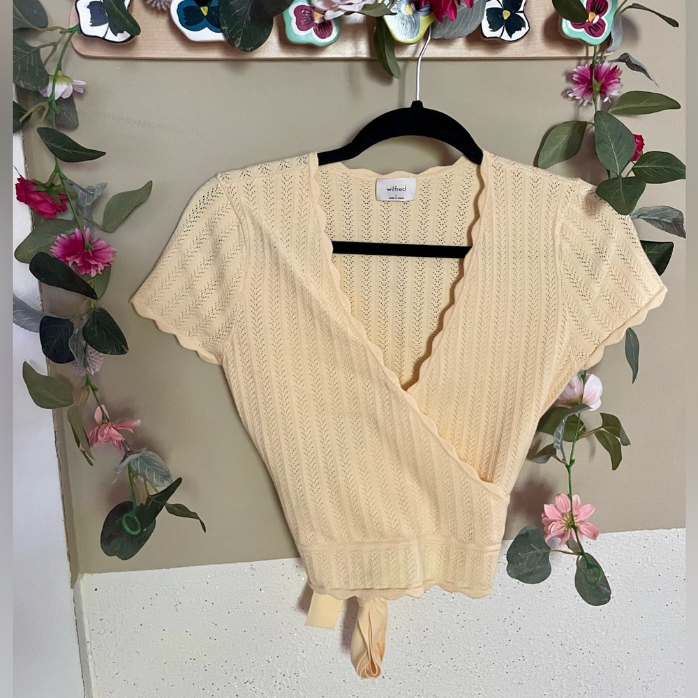 Aritzia Pointelle Scalloped Wrap Sweater